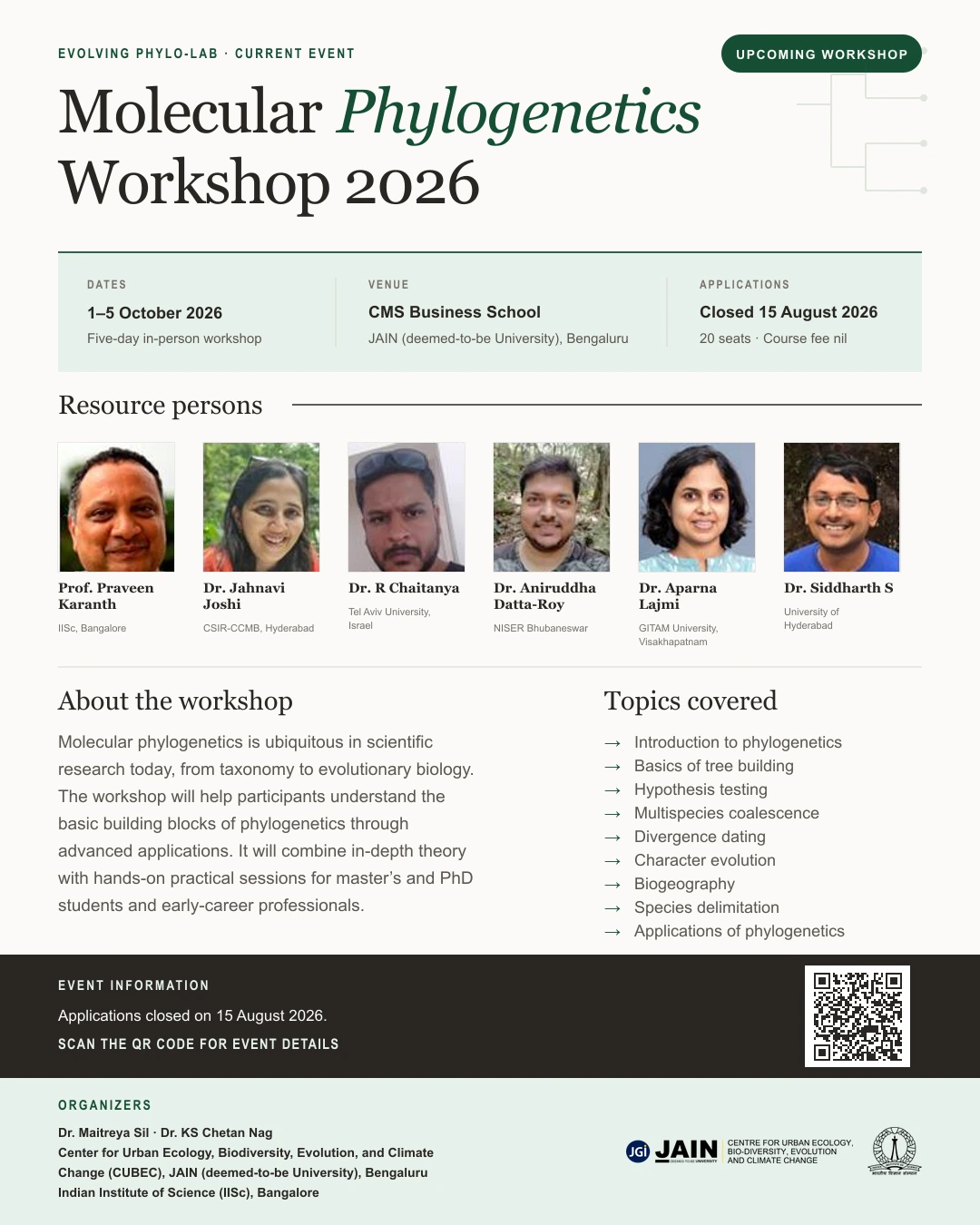 Evolving Phylo-Lab poster for the Molecular Phylogenetics Workshop 2026.